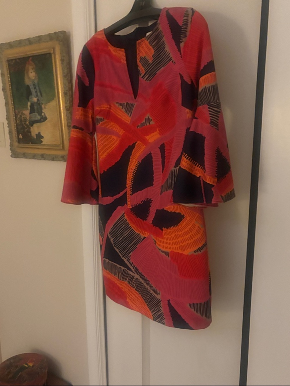 Trina Turk Pink, Red & Orange Abstract Bell-Sleeve Mini Dress